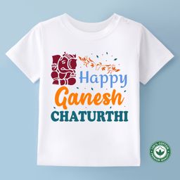 BLUSHES Ganesha Theme 100% Cotton Half Sleeve Ganesh Chaturthi Printed Tee-White-image-55