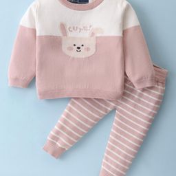 ToffyHouse Knitted Cotton Full Sleeves Winter Wear Set With Stripes & Teddy Design - White & Baby Pink-image-19