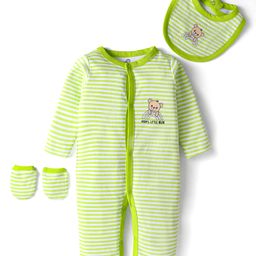 Doodle Poodle Interlock Knit Full Sleeves Striped Romper With Bib & Mittens - Green & White-image-17