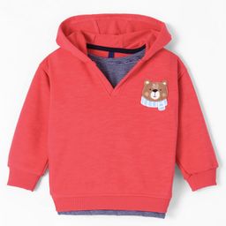 Little Kangaroos Fleece Knitted Full Sleeves Bear Embroidered Hooded Sweatshirt - Red-image-99
