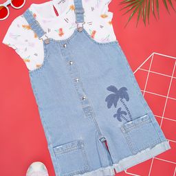 Pantaloons Junior Cotton Palm Trees Printed Dungaree With Half Sleeves Tee - Light Blue-image-14