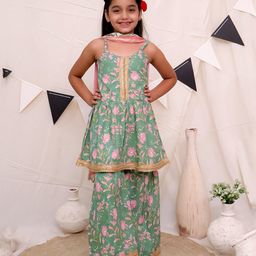 Ka-mee Cotton Sleeveless Floral Printed & Lace Embellished Kurta & Sharara With Dupatta Set - Green-image-3