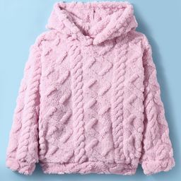 Little Kangaroos Fur Knit Full Sleeves Hooded Sweatshirt With Cable Knit Design - Pink-image-81