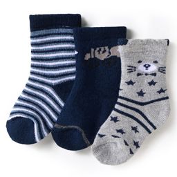 Cute Walk by Babyhug Terry Knit Ankle Length Antibacterial Socks with Stripes & Animal Design Pack of 3 - Navy Blue & Grey-image-68