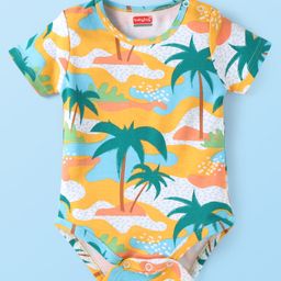 Babyhug 100% Cotton Knit Half Sleeves Beach Theme Printed Onesie - Yellow &White-image-2