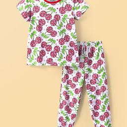 Honeyhap PremiumCotton Knit Half Sleeves Bio Finish Night Suit with Cherry Print - High Risk Red & Bright White-image-83