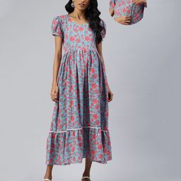 Swishchick Cotton Half Puffed Sleeves Floral Printed Maternity Dress With Nursing Access - Blue-image-28
