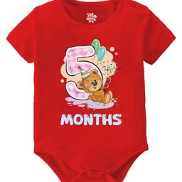 Baby Buzz 100% Cotton Monthly Birthday Theme Half Sleeves 5 Months Text & Teddy Bear Printed Onesie - Red-image-95