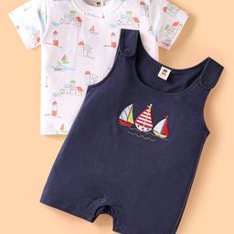 ToffyHouse Cotton Woven Half Sleeves Inner T-Shirt & Dungaree Style Romper With Nautical Print - Navy Blue-image-41