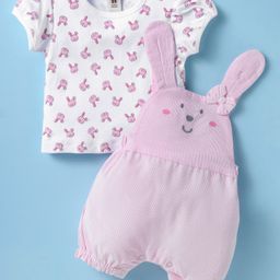 ToffyHouse Corduroy Dungaree with Half Sleeves Inner Tee Bunny Print - Light Pink-6