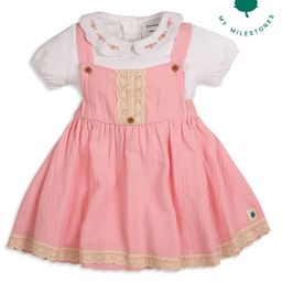 My Milestones 100% Cotton Lace Embellished Dungaree Dress With Half Puffed Sleeves Floral Embroidered Top - White & Pink-image-37