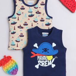 BUMZEE Cotton Knit Sleeveless Vests With Boat Print Pack Of 2 - Navy Blue & Cream-picture-40