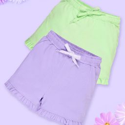 Kiddopanti Pack Of 2 Cotton Bottom Hem Frill Detailed Solid Shorts - Orchid & Pista Green-image-70