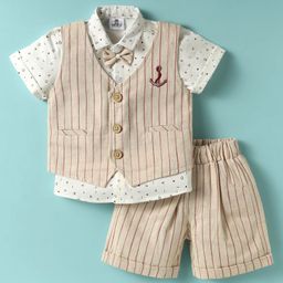 Mini Taurus Sinker Knit Half Sleeves Striped & Printed 3 Piece Party Suit With Bow Applique - Red & Tan-picture-19