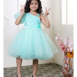 Toy Balloon Kids Net Half Puffed Sleeves Floral Applique Detailed Swiss Dot Designed Dress - Sea Green-image-78
