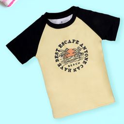 Kiddopanti Half Raglan Sleeves Beach Theme Printed Swimming Tee - Light Yellow & Black-image-72