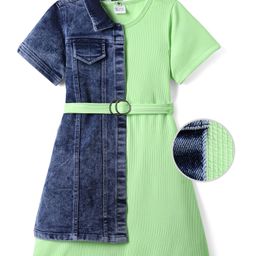 Hola Bonita Knit Half Sleeve Solid Color Dress with Attached Half Denim Jacket & Fabric Belt - Light Green-image-101