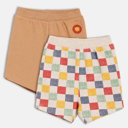 MINI KLUB Cotton Knit Pack Of 2 Checked & Animal Patch Embroidered Shorts - Green & Brown-image-78