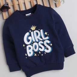 BUMZEE Cotton Knit Full Sleeves Sweatshirt With Girl Boss Foil Print - Navy Blue-image-34