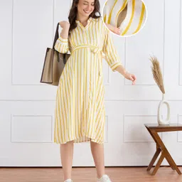 Bella Mama Woven Three Fourth Sleeves Maternity Shirt Dress With Stripes - Yellow & White-picture-23