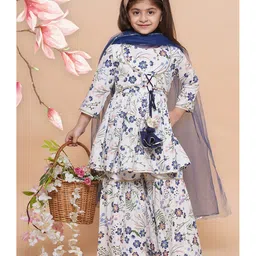 MODISH COUTURE Cotton Woven Three Fourth Sleeves Floral Printed & Gota Lace Embellished Kurti Sharara With Dupatta Set - White & Blue-picture-26