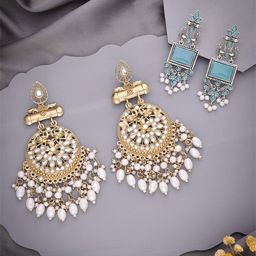 Anouk Set Of 2 Artificial Stones Studded and Beaded Drop Earrings-15