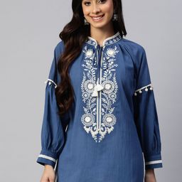 Nayam By Lakshita Mandarin Collar Puff Sleeves Embroidered Tunic-image-62