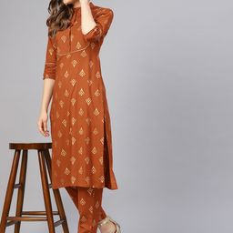Idalia Women Brown & Golden Printed Kurta with Trousers-image-26