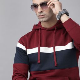 Roadster Men Maroon & Navy Striped Hooded Sweatshirt-image-88