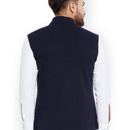Hypernation Men Navy Blue Solid Nehru Jacket image 4