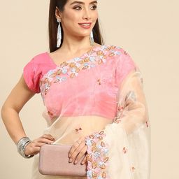 Anouk Cream-Coloured & Pink Ethnic Motifs Embroidered Organza Saree-image-28