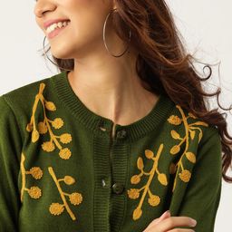 DressBerry Women Olive Green Embroidered Detail Cardigan-image-74