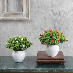 FOLIYAJ Set Of 2 Green & Orange Artificial Mini Bush With White Pots-48