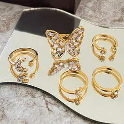 Jewels Galaxy Set Of 5 Gold-Plated White Stone-Studded Finger Ring-picture-44