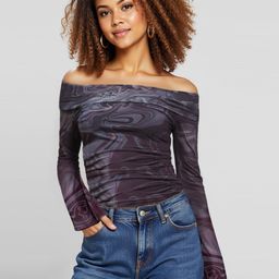 IZF Black Printed Off-Shoulder Long Sleeves Top-image-127