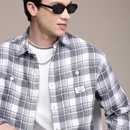 WROGN Opaque Textured & Checked Oversized Casual Shirt-image-32
