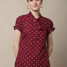 Cantabil Women Maroon & White Print Tie-Up Neck Top-picture-22
