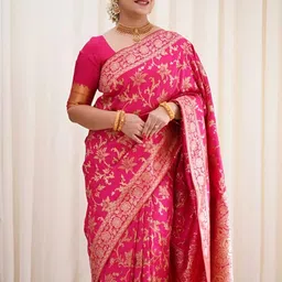 VASTRAHUT Ethnic Motifs Woven Design Zari Jacquard Silk Banarasi Saree with Blouse Piece-picture-33
