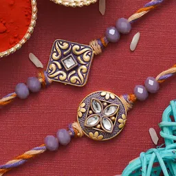 eCraftIndia Set Of 2 Stone Studded Thread Rakhis With Roli Chawal-image-113