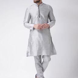 Hangup Men Grey Solid Kurta with Pyjamas-picture-4