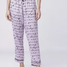 Tokyo Talkies Women Violet & Black Typography Printed Lounge Pants-image-59