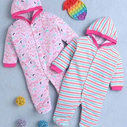 BUMZEE Pack of 2 Girls Cotton Printed Hooded Sleepsuit-picture-5