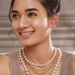 Jazz and Sizzle Brass Gold-Plated Pearl Beaded Layered Necklace-image-74
