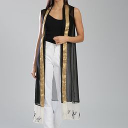 W Black Sleeveless Front Open Longline Sheer Ethnic Jacket-image-79
