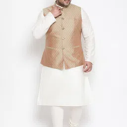 KISAH PLUS Men White & Peach-Coloured Solid Kurta with Churidar & Nehru Jacket-12