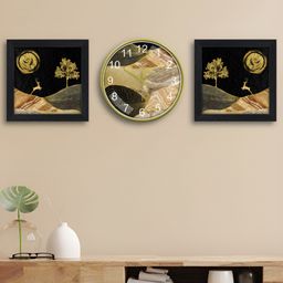 RANDOM Black & Beige Printed Traditional Wall Clock With 2 Photo Frames-3