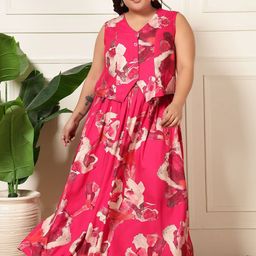 DEEBACO Printed V Neck Plus Size Waistcoat With Skirt Co-Ords-25