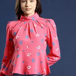 Mast & Harbour Floral Print High Neck Peplum Top-image-50