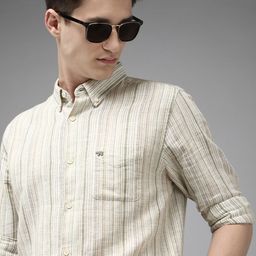 THE BEAR HOUSE Men  Cotton Linen Button-Down Collar Slim Fit Striped Casual Shirt-image-95