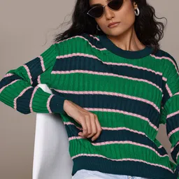 Roadster The Lifestyle Co. Acrylic Striped Ribbed Pullover-image-56